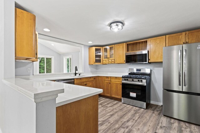30 Ring Landing Rd, Casco, ME 04015 - kitchen with appliances with stainless steel finishes, light countertops, a sink, glass insert cabinets, and a peninsula