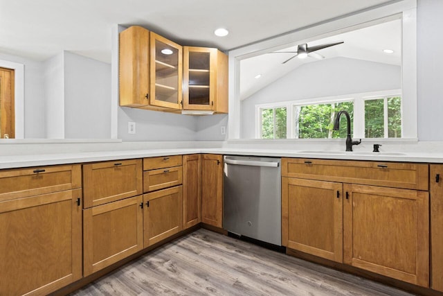 30 Ring Landing Rd, Casco, ME 04015 - kitchen with dishwasher, a sink, lofted ceiling, light countertops, and ceiling fan