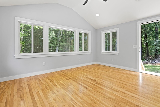30 Ring Landing Rd, Casco, ME 04015 - unfurnished room featuring a ceiling fan, healthy amount of natural light, vaulted ceiling, wood-type flooring, and baseboards