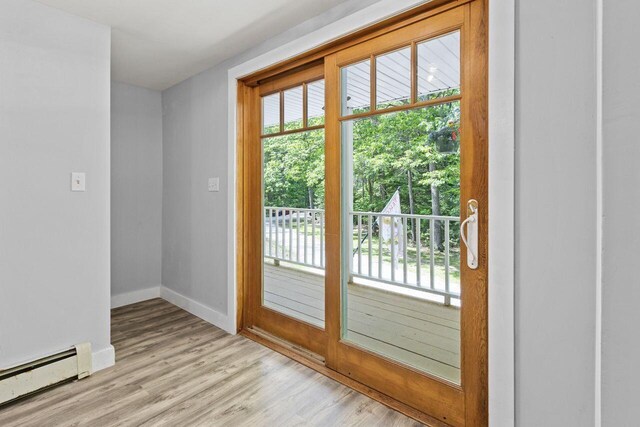 30 Ring Landing Rd, Casco, ME 04015 - doorway with a baseboard radiator, baseboards, and light wood-style floors