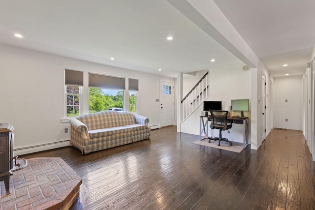 18 Tibbetts Ln, Lyman, ME 04002 - living area featuring a baseboard radiator, hardwood / wood-style flooring, recessed lighting, stairs, and a desk