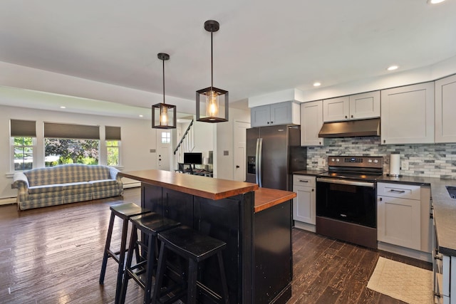 18 Tibbetts Ln, Lyman, ME 04002 - kitchen with appliances with stainless steel finishes, under cabinet range hood, wood counters, decorative backsplash, and a breakfast bar area