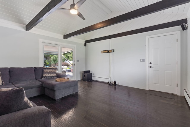 18 Tibbetts Ln, Lyman, ME 04002 - living room featuring a baseboard radiator, ceiling fan, and wood finished floors