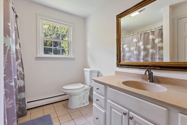 18 Tibbetts Ln, Lyman, ME 04002 - bathroom with a baseboard radiator, vanity, toilet, and tile patterned floors