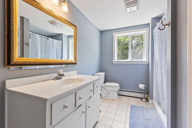 18 Tibbetts Ln, Lyman, ME 04002 - full bath with a baseboard radiator, vanity, tile patterned flooring, toilet, and curtained shower