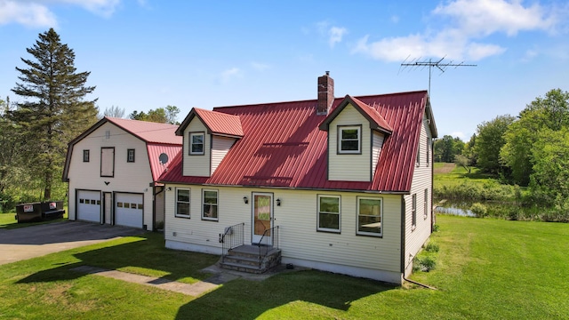 87 Southard Ave, Kenduskeag, ME 04450 - cape cod home featuring driveway, a chimney, metal roof, and a garage
