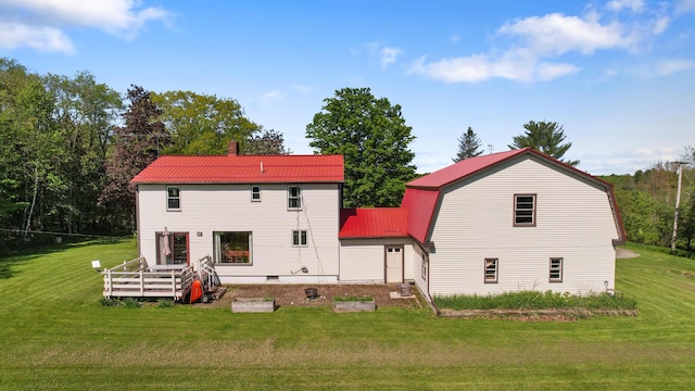 87 Southard Ave, Kenduskeag, ME 04450 - back of house featuring metal roof, a lawn, a gambrel roof, and a chimney