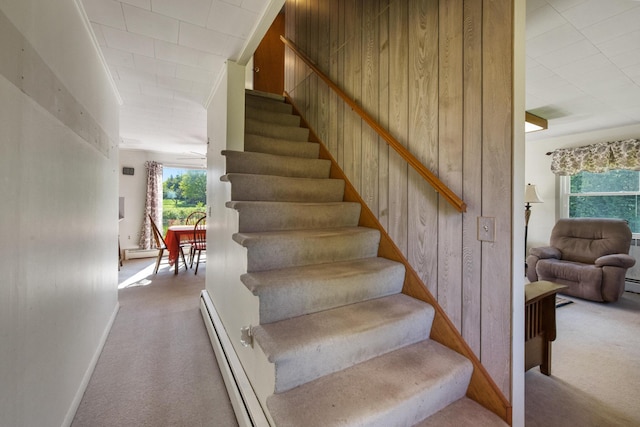 87 Southard Ave, Kenduskeag, ME 04450 - stairway featuring carpet, baseboards, a baseboard radiator, and baseboard heating