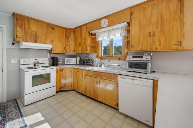 87 Southard Ave, Kenduskeag, ME 04450 - kitchen featuring white appliances, under cabinet range hood, light countertops, light floors, and ornamental molding