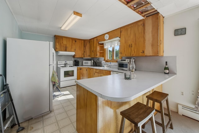 87 Southard Ave, Kenduskeag, ME 04450 - kitchen featuring white appliances, ventilation hood, baseboard heating, a peninsula, and light floors
