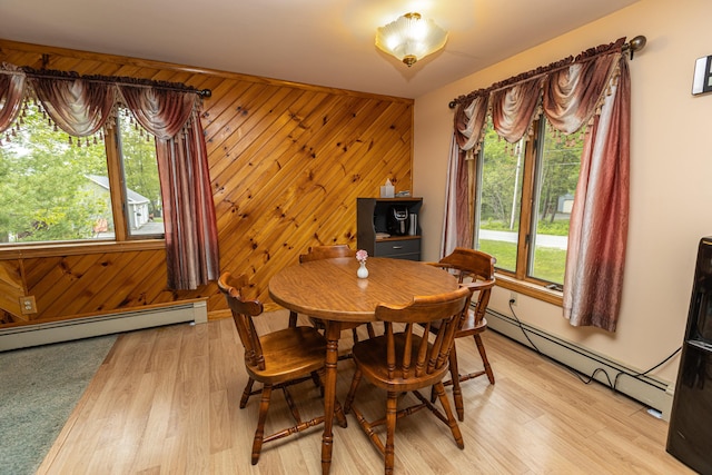 3 Lakeview Ln S, Standish, ME 04084 - dining space with a baseboard radiator, light wood-style flooring, and wooden walls