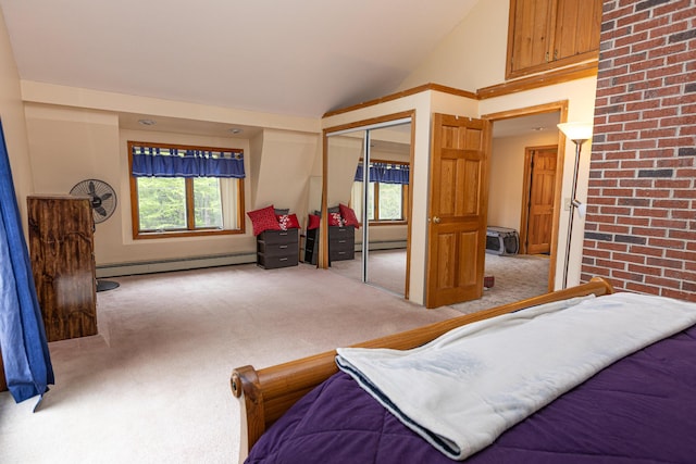 3 Lakeview Ln S, Standish, ME 04084 - carpeted bedroom featuring a baseboard heating unit, a closet, and high vaulted ceiling