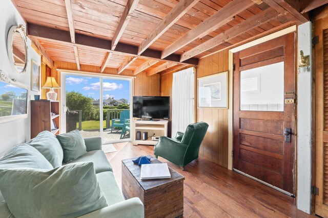 75 Ox Cart Ln Unit 2, Wells, ME 04090 - living area featuring wood ceiling with exposed beams, wood walls, and wood-type flooring