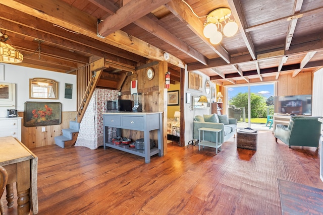 75 Ox Cart Ln Unit 2, Wells, ME 04090 - living room featuring wood finished floors, stairway, wood ceiling with exposed beams, and wood walls