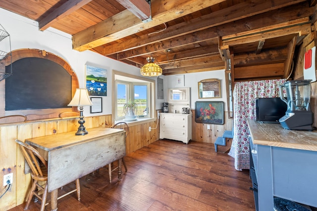 75 Ox Cart Ln Unit 2, Wells, ME 04090 - dining space featuring dark wood-style floors, wainscoting, wood ceiling with exposed beams, and wood walls