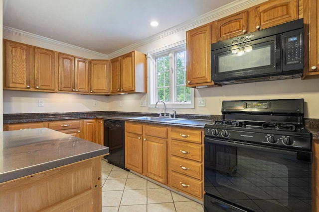 22 Joseph Dr Unit 6, Gorham, ME 04038 - kitchen featuring black appliances, ornamental molding, dark countertops, light tile patterned floors, and brown cabinets