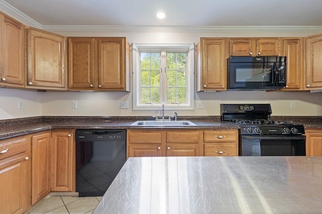 22 Joseph Dr Unit 6, Gorham, ME 04038 - kitchen with black appliances, crown molding, light tile patterned floors, and brown cabinetry