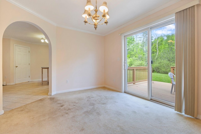 22 Joseph Dr Unit 6, Gorham, ME 04038 - empty room featuring light carpet, arched walkways, ornamental molding, a chandelier, and light tile patterned floors