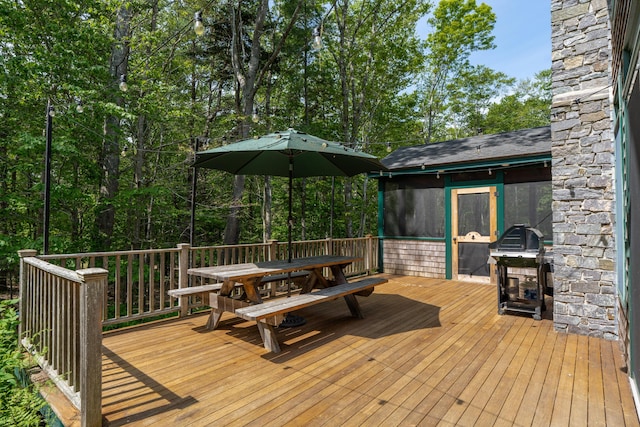 10 Pemasong Ln, Yarmouth, ME 04096 - wooden deck featuring outdoor dining space, a sunroom, and grilling area