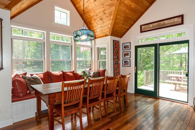 10 Pemasong Ln, Yarmouth, ME 04096 - dining room with wood-type flooring, vaulted ceiling, and wood ceiling