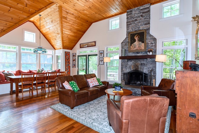 10 Pemasong Ln, Yarmouth, ME 04096 - living area with a fireplace, high vaulted ceiling, wooden ceiling, and hardwood / wood-style flooring