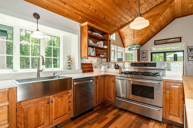 10 Pemasong Ln, Yarmouth, ME 04096 - kitchen with appliances with stainless steel finishes, a sink, dark wood-style flooring, plenty of natural light, and wood ceiling