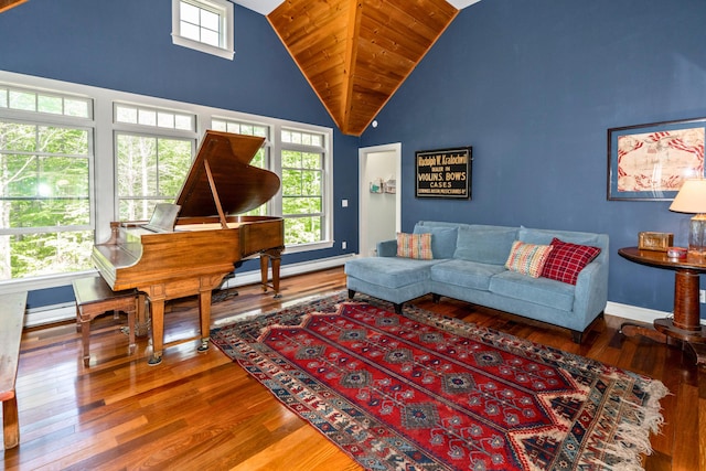 10 Pemasong Ln, Yarmouth, ME 04096 - living room featuring high vaulted ceiling, healthy amount of natural light, wood-type flooring, a baseboard radiator, and wood ceiling