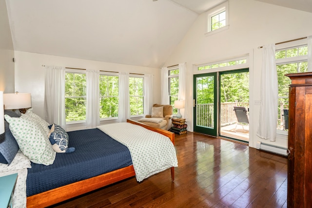 10 Pemasong Ln, Yarmouth, ME 04096 - bedroom with high vaulted ceiling, baseboard heating, access to outside, and hardwood / wood-style floors