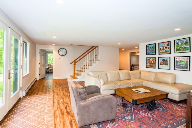 10 Pemasong Ln, Yarmouth, ME 04096 - living area with a baseboard heating unit, stairway, wood finished floors, and recessed lighting