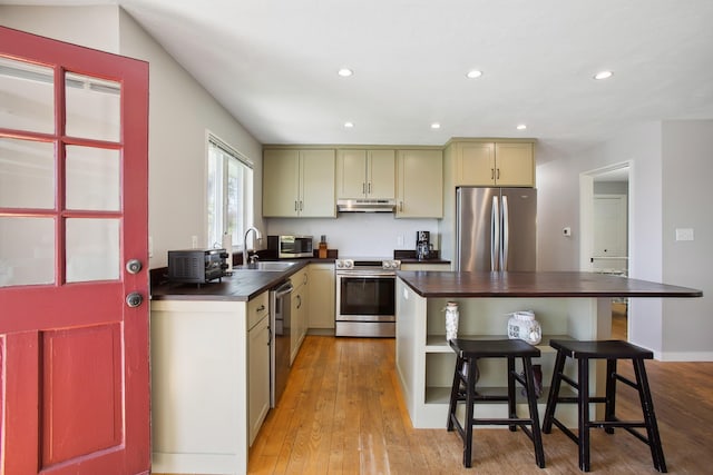 142 Fortunes Rocks Rd, Biddeford, ME 04005 - kitchen with appliances with stainless steel finishes, under cabinet range hood, dark countertops, recessed lighting, and light wood-style floors