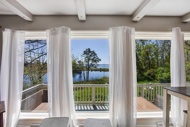 142 Fortunes Rocks Rd, Biddeford, ME 04005 - doorway featuring beam ceiling, a water view, and healthy amount of natural light