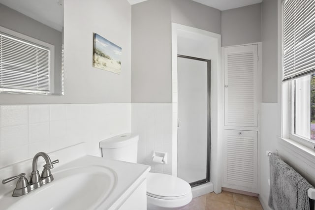 142 Fortunes Rocks Rd, Biddeford, ME 04005 - full bathroom with a closet, toilet, a stall shower, vanity, and tile walls