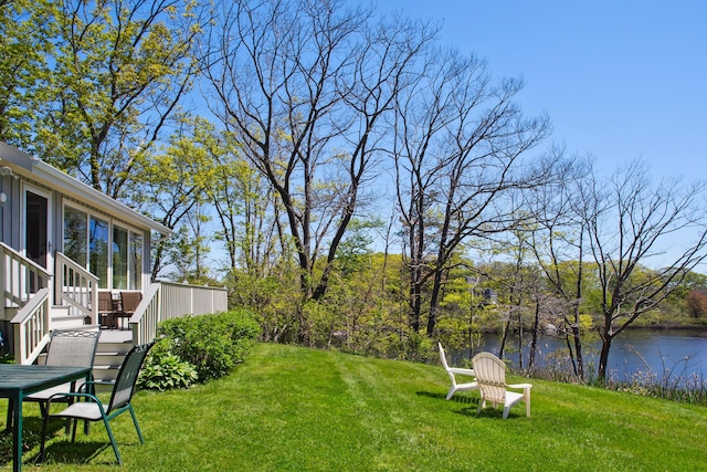 142 Fortunes Rocks Rd, Biddeford, ME 04005 - view of green lawn featuring a deck with water view and stairs