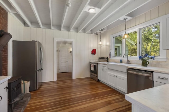 1 Mouse Is, Southport, ME 04576 - kitchen featuring appliances with stainless steel finishes, a sink, a wood stove, dark wood-style floors, and light countertops