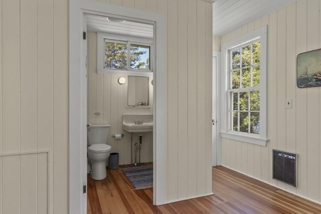 1 Mouse Is, Southport, ME 04576 - bathroom featuring heating unit, wood finished floors, toilet, wood walls, and a sink
