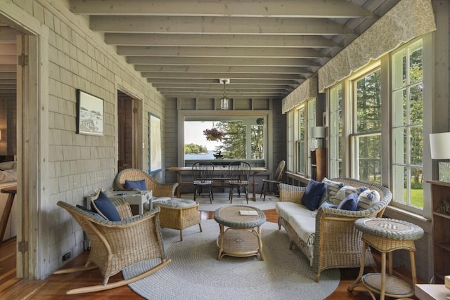 1 Mouse Is, Southport, ME 04576 - sunroom featuring beam ceiling and wood finished floors