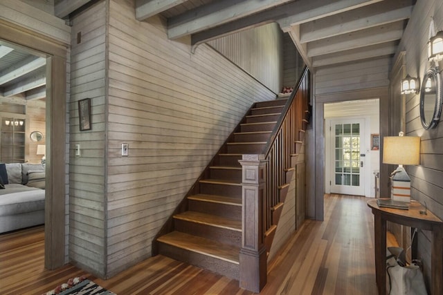 1 Mouse Is, Southport, ME 04576 - staircase with wood walls and hardwood / wood-style flooring