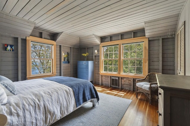 1 Mouse Is, Southport, ME 04576 - bedroom featuring wood walls, hardwood / wood-style floors, heating unit, and wood ceiling