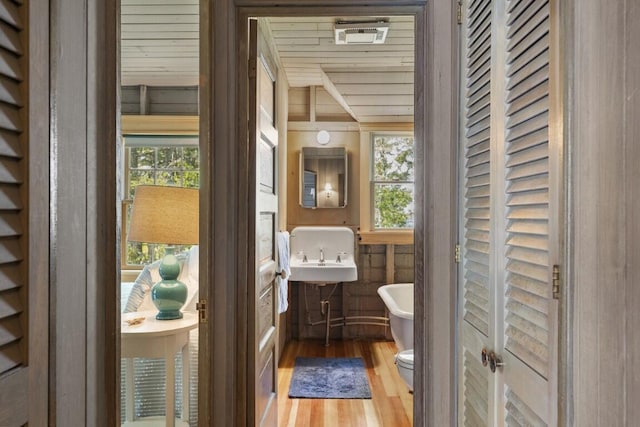 1 Mouse Is, Southport, ME 04576 - bathroom with plenty of natural light, wood finished floors, a sink, toilet, and wooden ceiling