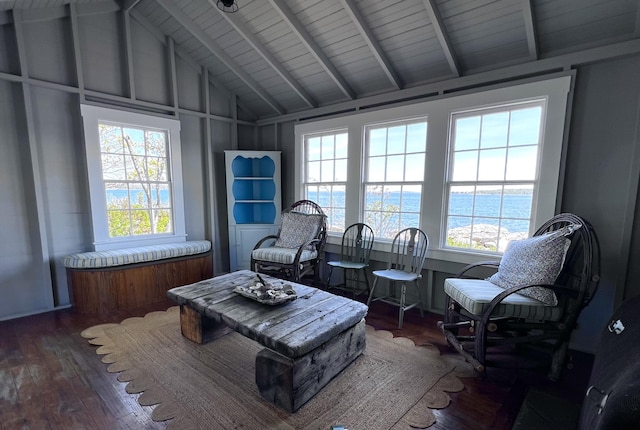 1 Mouse Is, Southport, ME 04576 - sitting room with hardwood / wood-style flooring, beam ceiling, and high vaulted ceiling