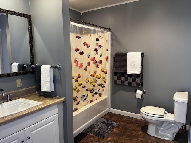 30 Highland Ave, Dixfield, ME 04224 - bathroom with ornamental molding, vanity, toilet, shower / tub combo, and baseboards