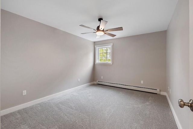 65 May Way, Sidney, ME 04330 - spare room featuring a baseboard heating unit, a ceiling fan, carpet floors, and baseboards