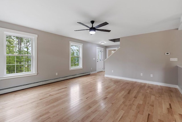 65 May Way, Sidney, ME 04330 - empty room featuring a baseboard heating unit, a ceiling fan, light wood finished floors, and baseboards