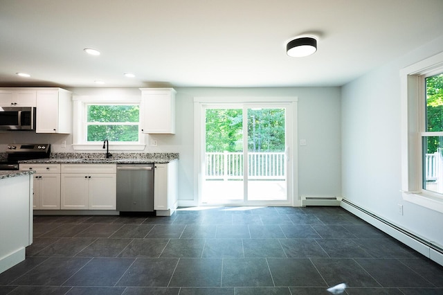 74 Hebron Rd, Paris, ME 04281 - kitchen featuring appliances with stainless steel finishes, a sink, plenty of natural light, stone counters, and recessed lighting