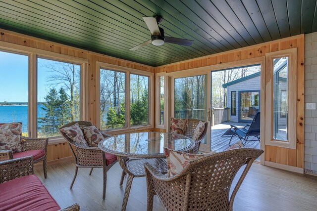 438 Oak Point Rd, Trenton, ME 04605 - sunroom / solarium with plenty of natural light, wood walls, wood finished floors, a deck with water view, and wooden ceiling