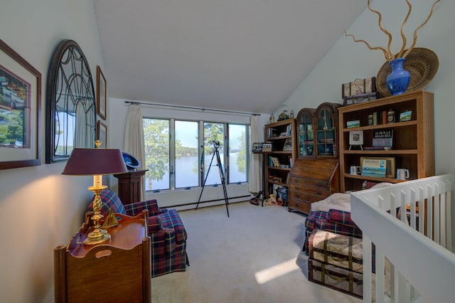 4 Goodridge Dr Unit 4, Naples, ME 04055 - carpeted bedroom featuring vaulted ceiling and a baseboard radiator