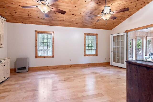 59 Lupine Dr, Belgrade, ME 04917 - unfurnished dining area featuring a ceiling fan, vaulted ceiling, healthy amount of natural light, heating unit, and wood ceiling