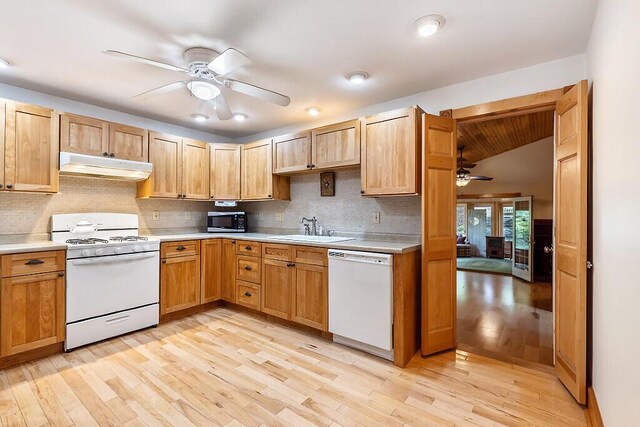 59 Lupine Dr, Belgrade, ME 04917 - kitchen featuring white appliances, under cabinet range hood, a ceiling fan, a sink, and light countertops