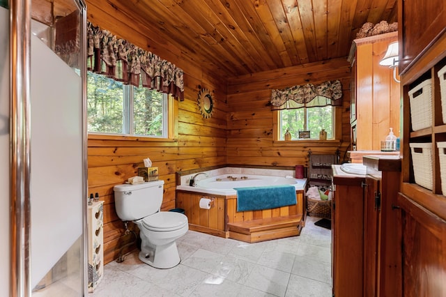 2451 Riverside Dr, Vassalboro, ME 04989 - full bathroom with toilet, a garden tub, wooden walls, and wood ceiling