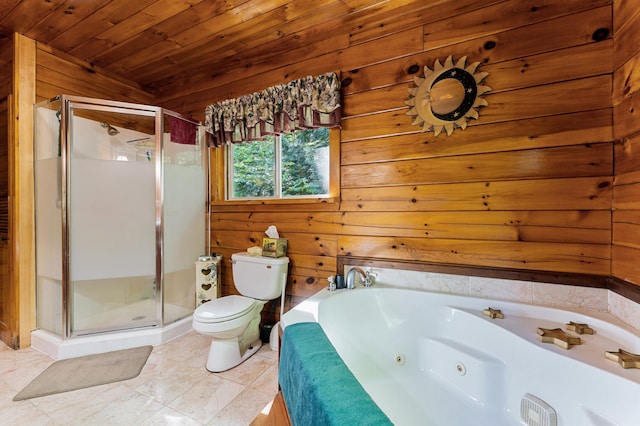 2451 Riverside Dr, Vassalboro, ME 04989 - bathroom featuring toilet, a stall shower, a jetted tub, wood ceiling, and wooden walls
